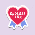 Endless TBR die-cut vinyl sticker: a deep pink love heart with a scalloped pale-pink border and two periwinkle-blue ribbon tails, hand-lettered "ENDLESS TBR" in white across the heart, on a pale lilac background.