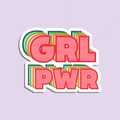 Grl Pwr die-cut vinyl sticker: the words "GRL PWR" in chunky coral-pink block capitals with a layered rainbow offset shadow in green, teal, orange and red, on a pale lilac background.